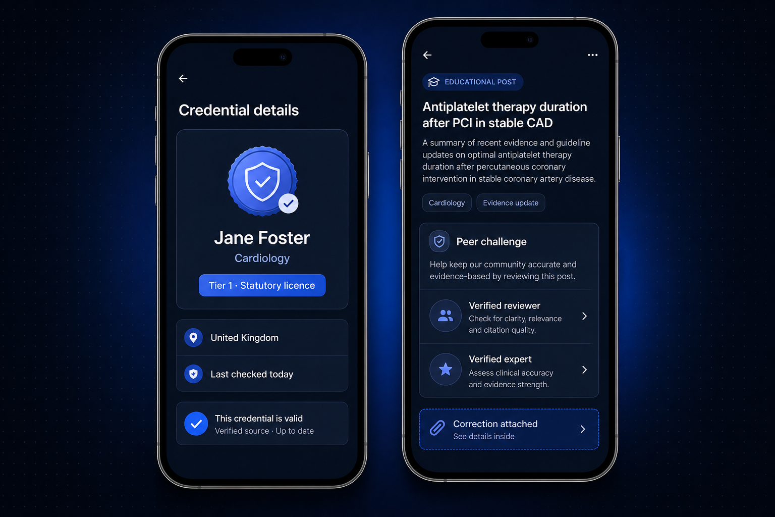 Attest credential details for Jane Foster beside an anonymous verified peer challenge screen