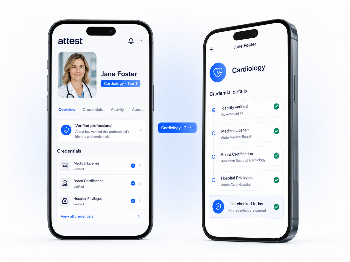 Attest app screens showing Jane Foster's verified cardiology profile and transparent credential details