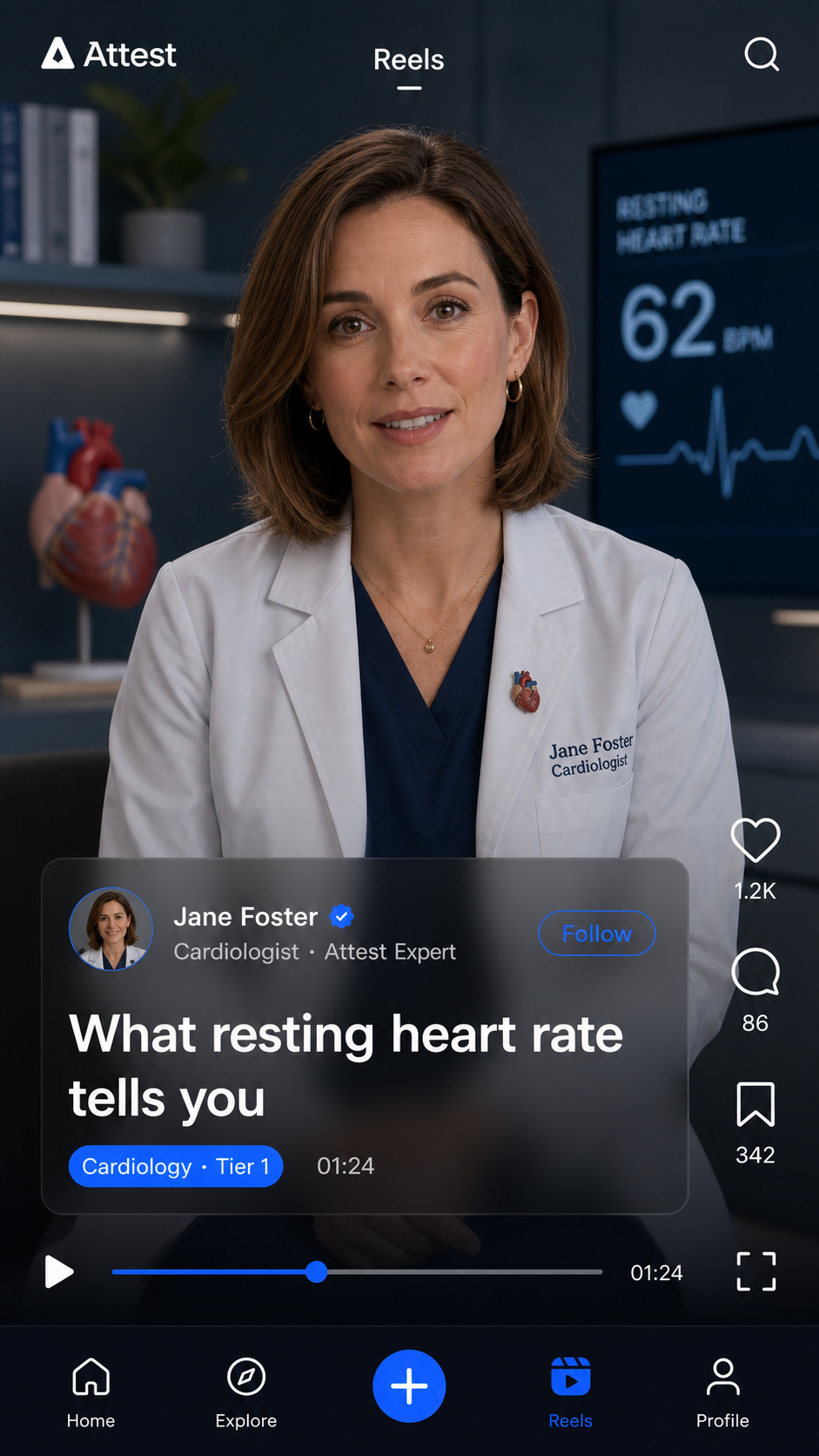 Attest informational reel about resting heart rate from verified cardiologist Jane Foster