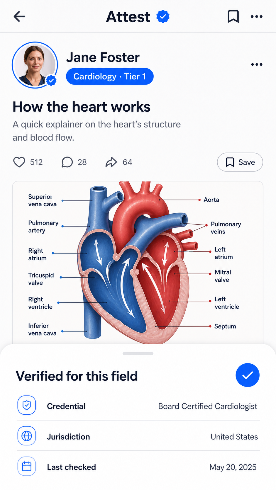 Attest post by Jane Foster with a Cardiology Tier 1 tag and detailed credential verification sheet